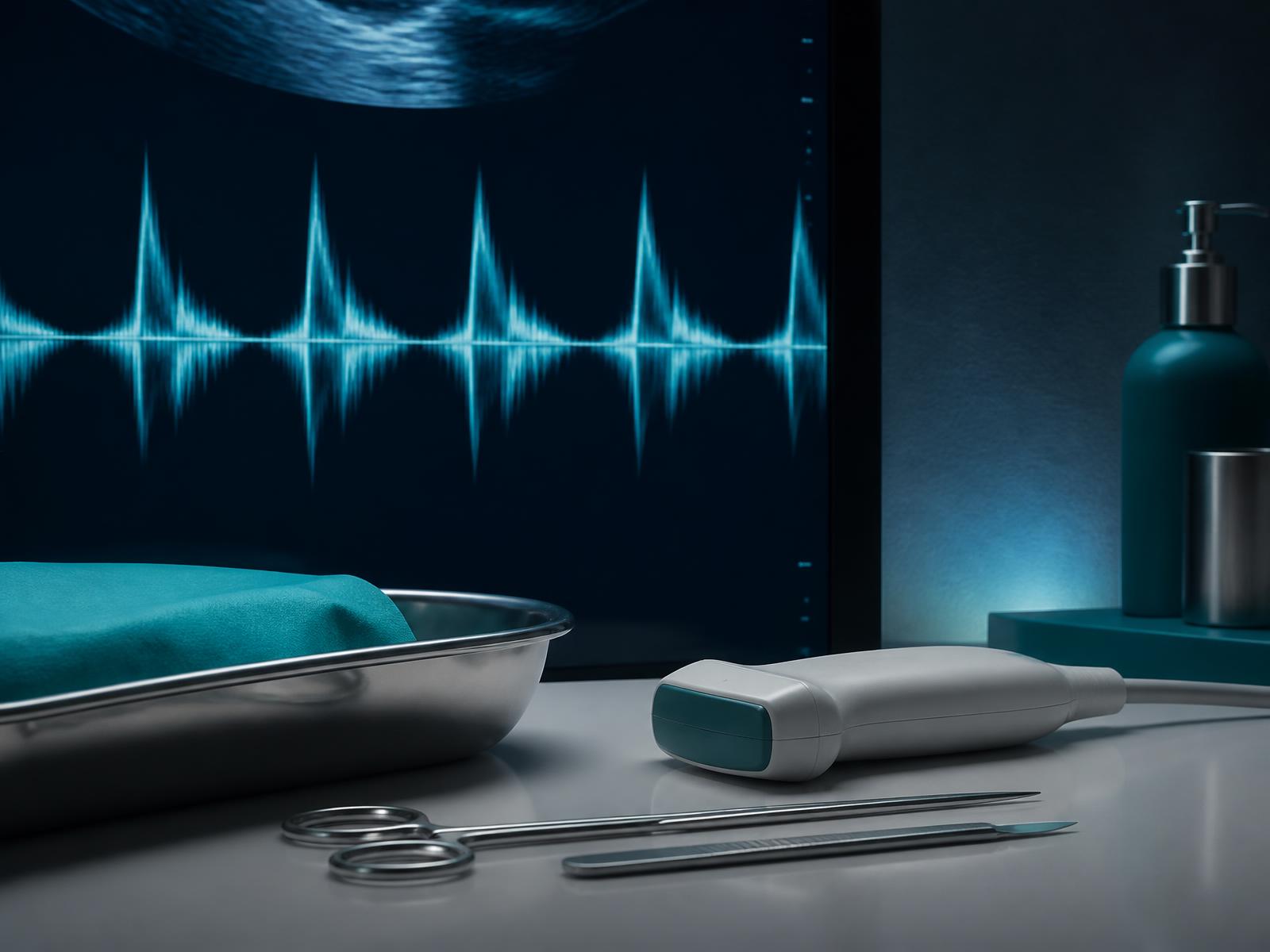 Sterile clinical instruments and an ultrasound probe beside a diagnostic waveform display in navy and teal